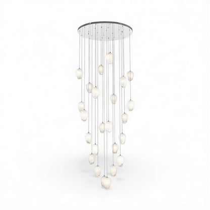 Round Chrome Flushed Chandelier with Hanging White Glass Pendants