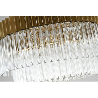 Round Brass Chandelier With Clear Hanging Crystals