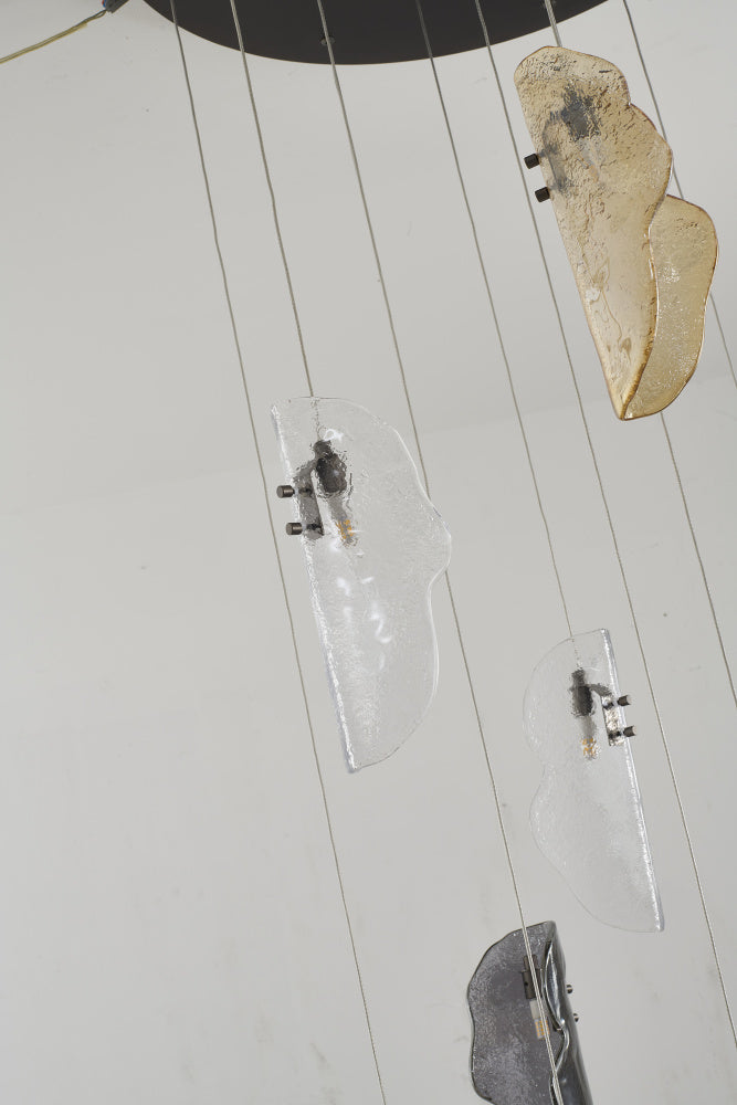 Black Metal Frame Chandelier with Clear, Smoke, and Amber Glass Pendants