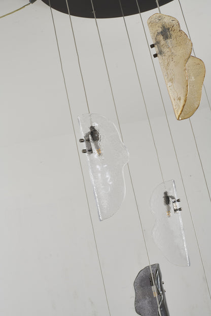 Black Metal Frame Chandelier with Clear, Smoke, and Amber Glass Pendants