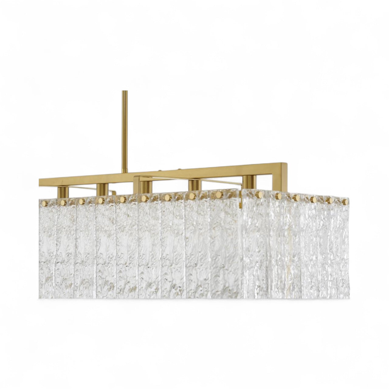Rectangular Brass Frame Chandelier with Hanging Clear Rippled Glass