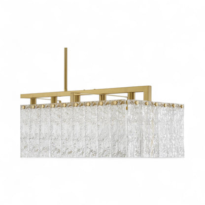 Rectangular Brass Frame Chandelier with Hanging Clear Rippled Glass