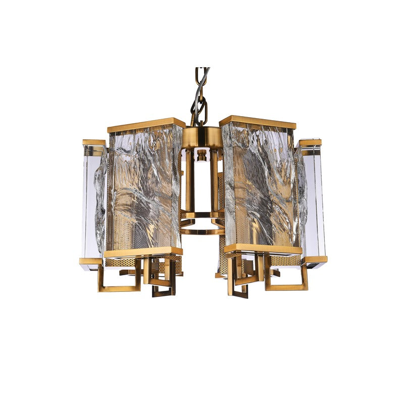 Brass Frame Chandelier WITH Clear Distorted Crystal Plaques