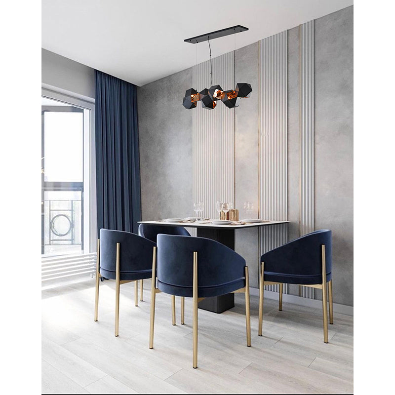 Black Block Framed Chandelier With A Reflective Copper Interior