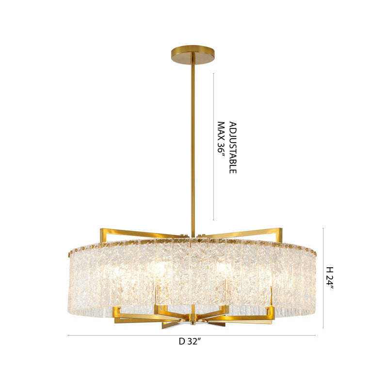 Round Brass Frame Chandelier with Clear Hanging Rippled Glass