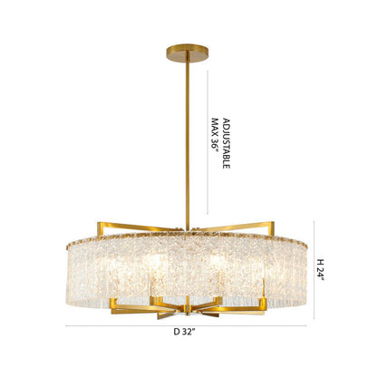 Round Brass Frame Chandelier with Clear Hanging Rippled Glass