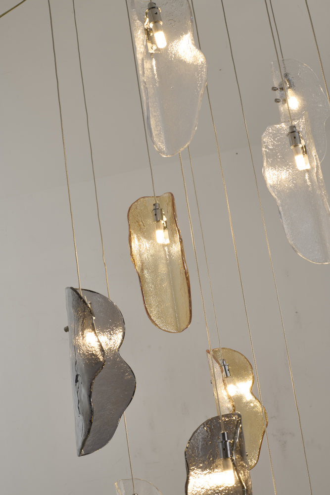 Chrome Metal Frame Chandelier With Clear, Smoke and Amber Glass Pendants