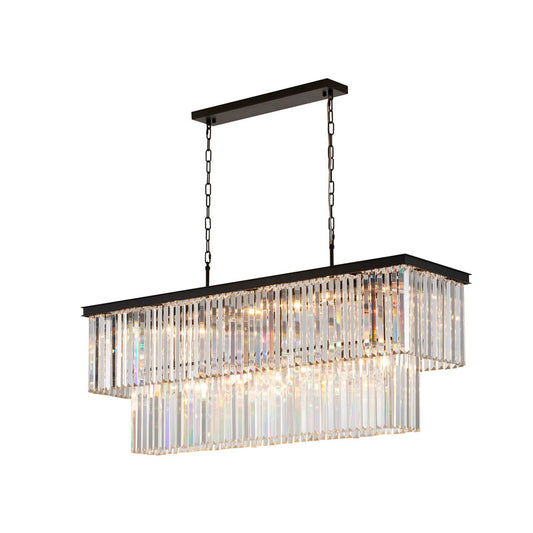 Two Tier Black Chandelier With Clear Hanging Crystals