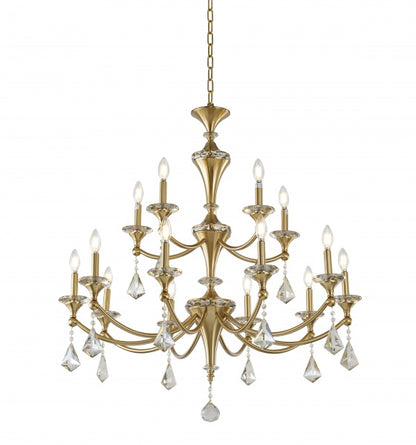 Two-Tier Satin Brass Frame with Champagne Hanging Crystals Accents