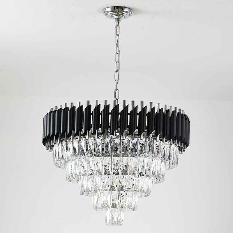 Round Black & Chrome Chandelier With Clear Hanging Crystals