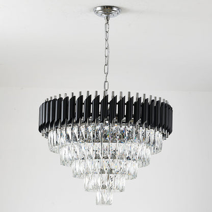Round Black & Chrome Chandelier With Clear Hanging Crystals