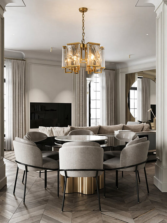 Brass Frame Chandelier WITH Clear Distorted Crystal Plaques