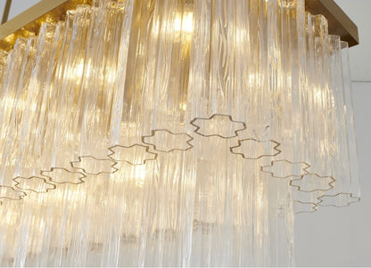Satin Brass Rectangular Chandelier with Clear Ribbed Glass