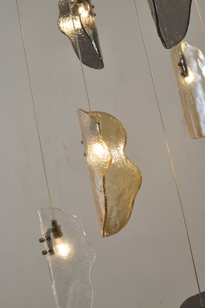 Black Metal Frame Chandelier with Clear, Smoke, and Amber Glass Pendants