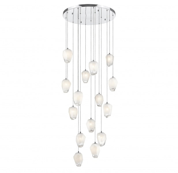 Round Chrome Flushed Chandelier with Hanging White Glass Pendants