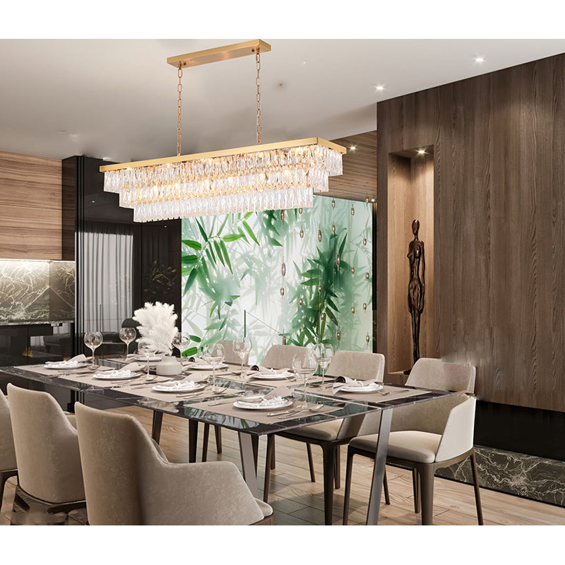 Rectangular Gold Metal FRAME Chandelier With Clear Hanging Crystals