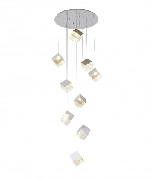Round Chrome Frame With Hanging Cubed Clear Distorted Glass Pendants