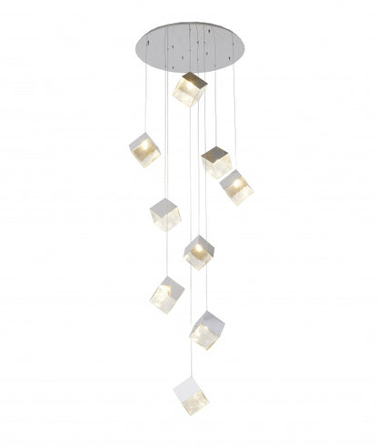 Round Chrome Frame With Hanging Cubed Clear Distorted Glass Pendants