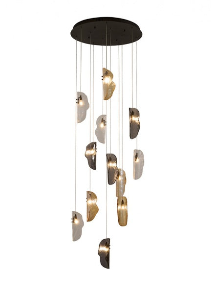 Black Metal Frame Chandelier with Clear, Smoke, and Amber Glass Pendants