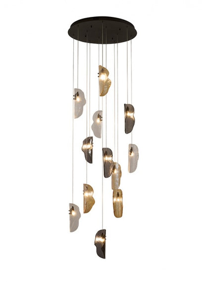 Black Metal Frame Chandelier with Clear, Smoke, and Amber Glass Pendants