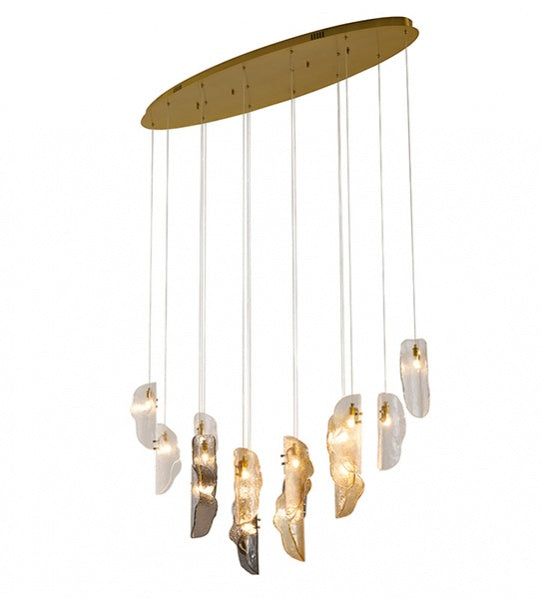 Brass Metal Frame Chandelier with Clear, Smoke, and Amber Glass Pendants