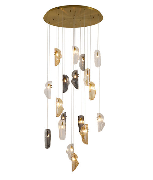 Brass Metal Frame Chandelier with Clear, Smoke, and Amber Glass Pendants