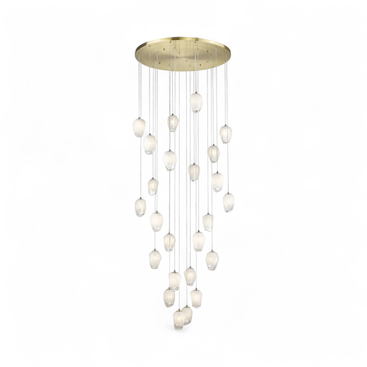 Round Gold Flushed Chandelier with Hanging White Glass Pendants