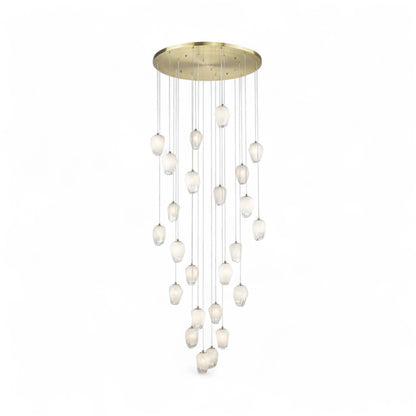 Round Gold Flushed Chandelier with Hanging White Glass Pendants