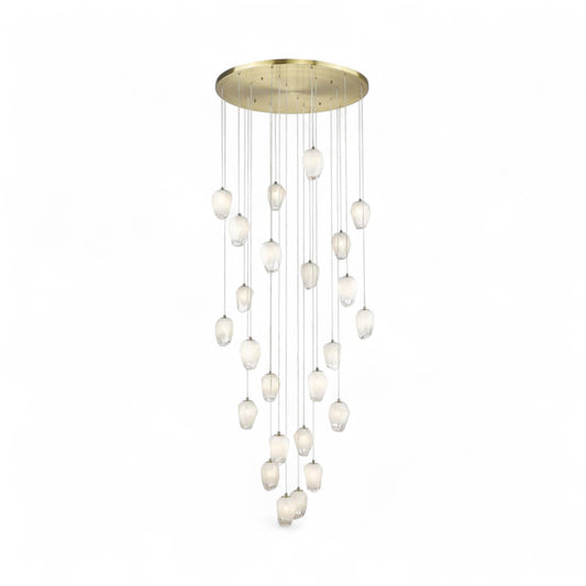 Round Gold Flushed Chandelier with Hanging White Glass Pendants