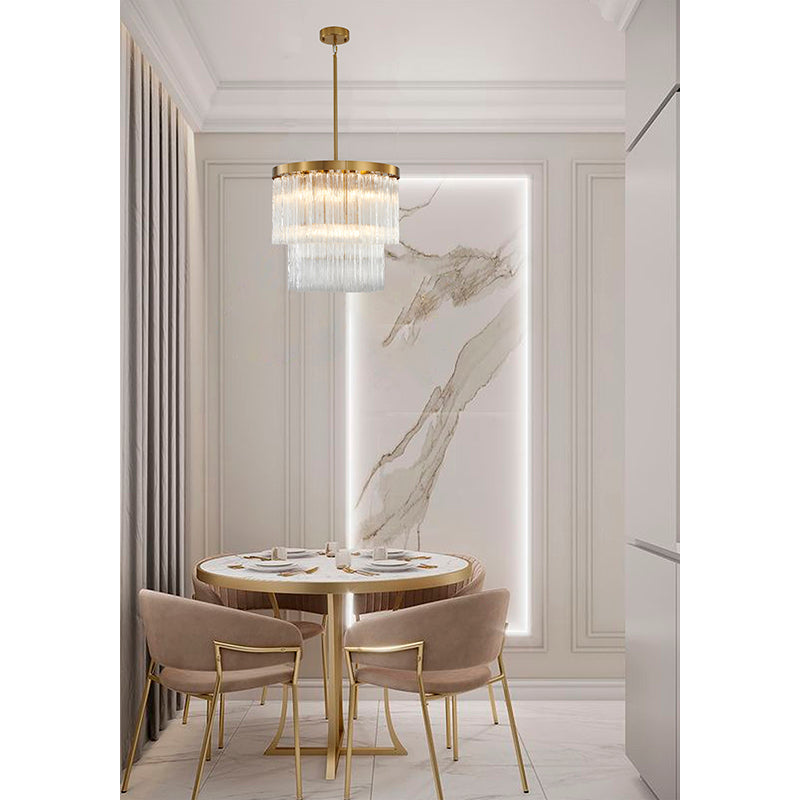 Round Satin Brass Chandelier With Clear Hanging Ribbed Glass