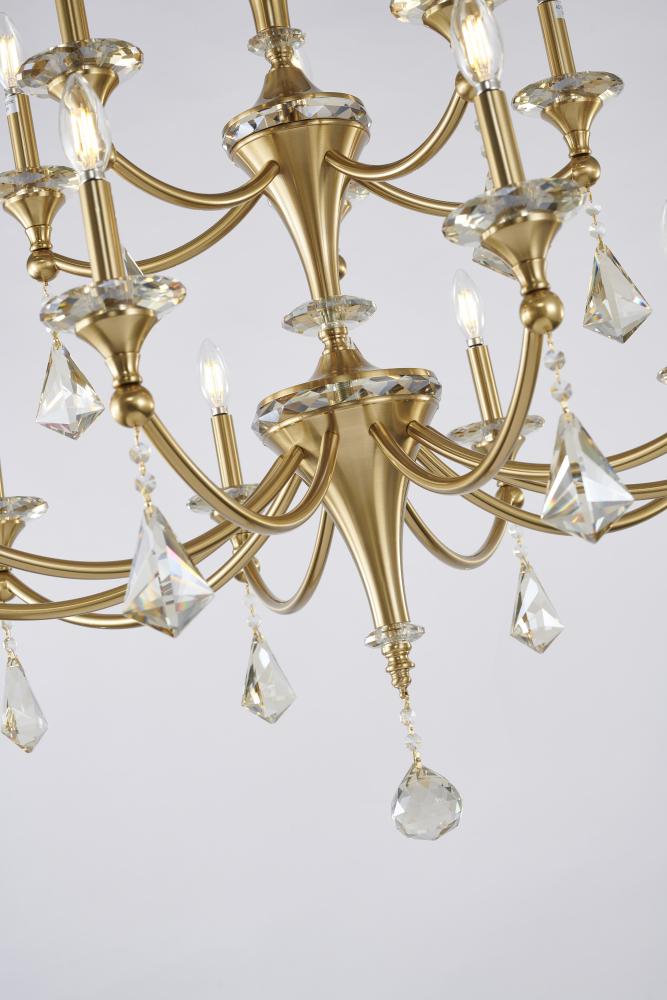 Two-Tier Satin Brass Frame with Champagne Hanging Crystals Accents