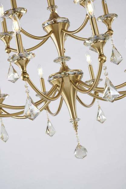 Two-Tier Satin Brass Frame with Champagne Hanging Crystals Accents