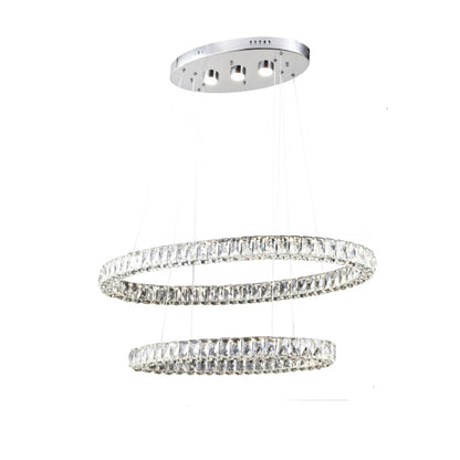 Chrome LED Chandelier – Triple-Sided Clear Crystal Double Ring Pendant Light