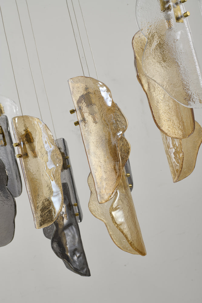 Brass Metal Frame Chandelier with Clear, Smoke, and Amber Glass Pendants