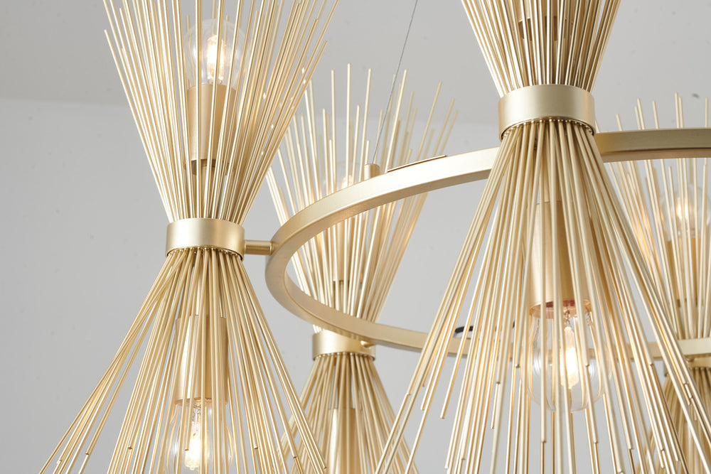 Round Gold Iron Frame Chandelier with Spiked Cone Shades