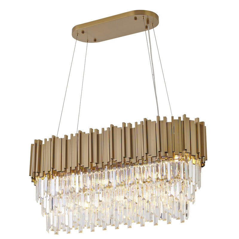 Gold Hairline Oval Chandelier With Three Tiers Of Hanging Clear Crystals