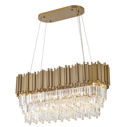 Gold Hairline Oval Chandelier With Three Tiers Of Hanging Clear Crystals