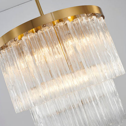 Round Satin Brass Chandelier With Clear Hanging Ribbed Glass