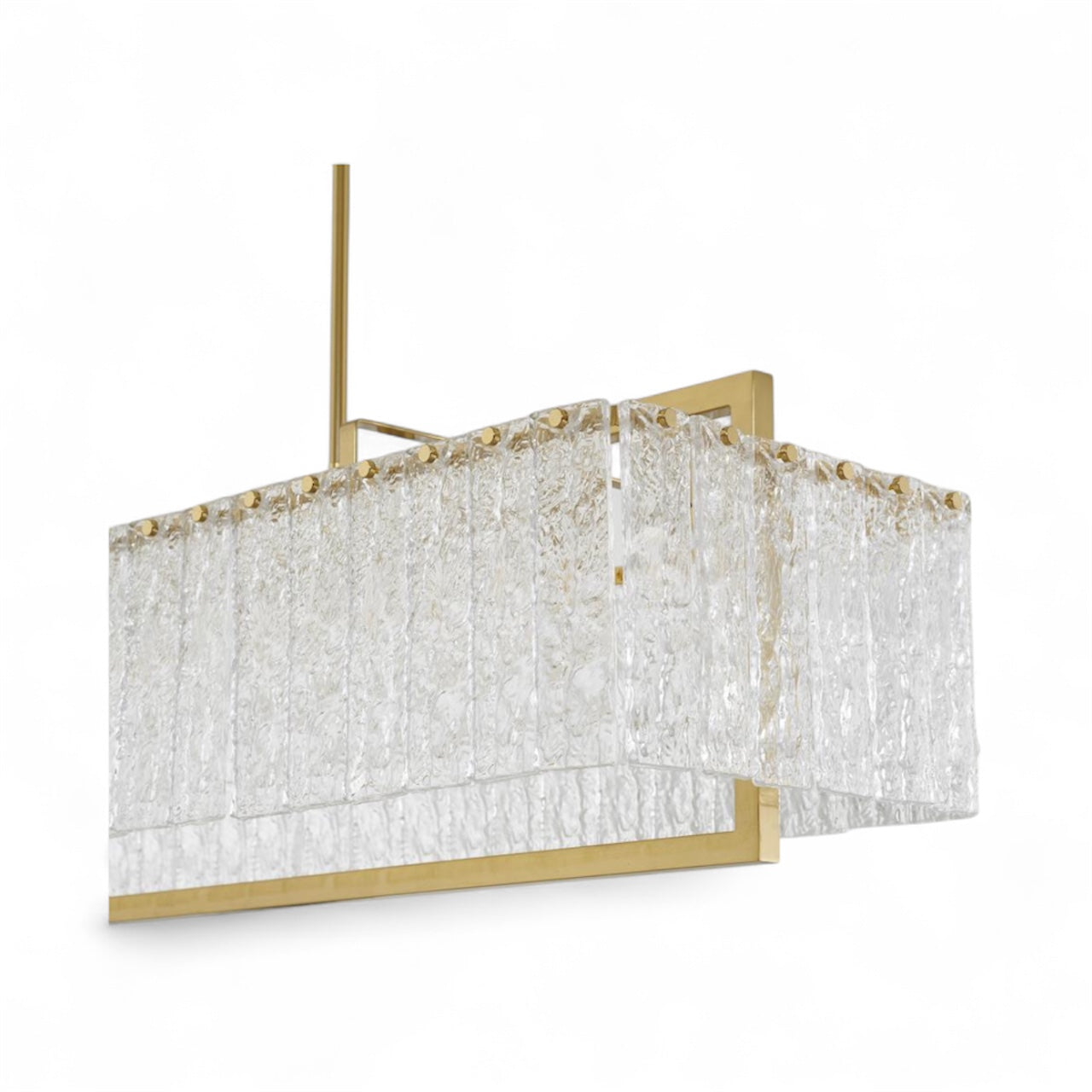 Rectangular Brass Frame Chandelier with Hanging Clear Rippled Glass