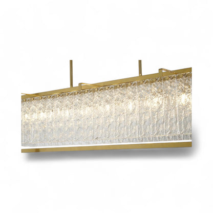 Rectangular Brass Frame Chandelier with Hanging Clear Rippled Glass