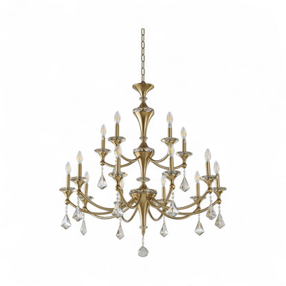 Two-Tier Satin Brass Frame with Champagne Hanging Crystals Accents