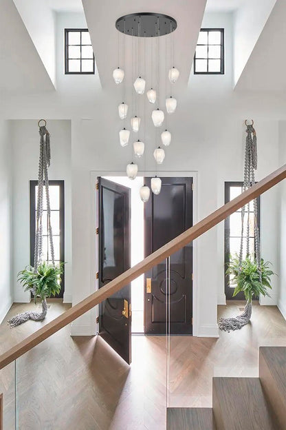 Round Metal Flushed Chandelier with Hanging White Glass Pendants