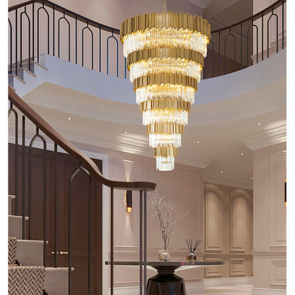 Six Tier Brushed Brass Chandelier With Clear Hanging Crystals