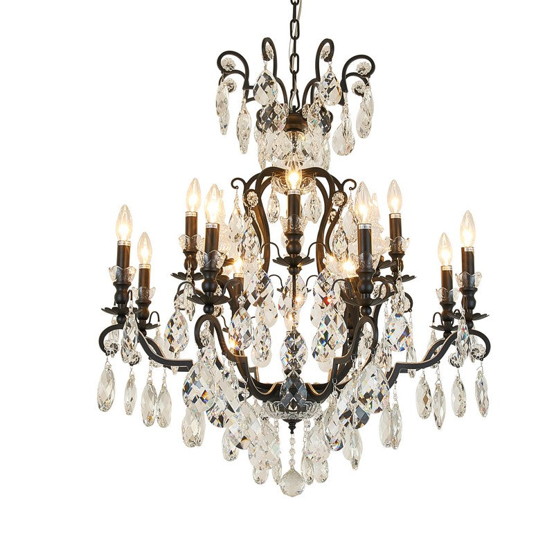Pewter Metal Frame Chandelier with Clear Hanging Crystals