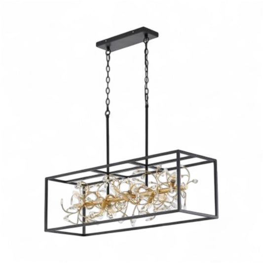 Black Rectangular Cage Frame Chandelier with Gold Branch Accent & Clear Crystals