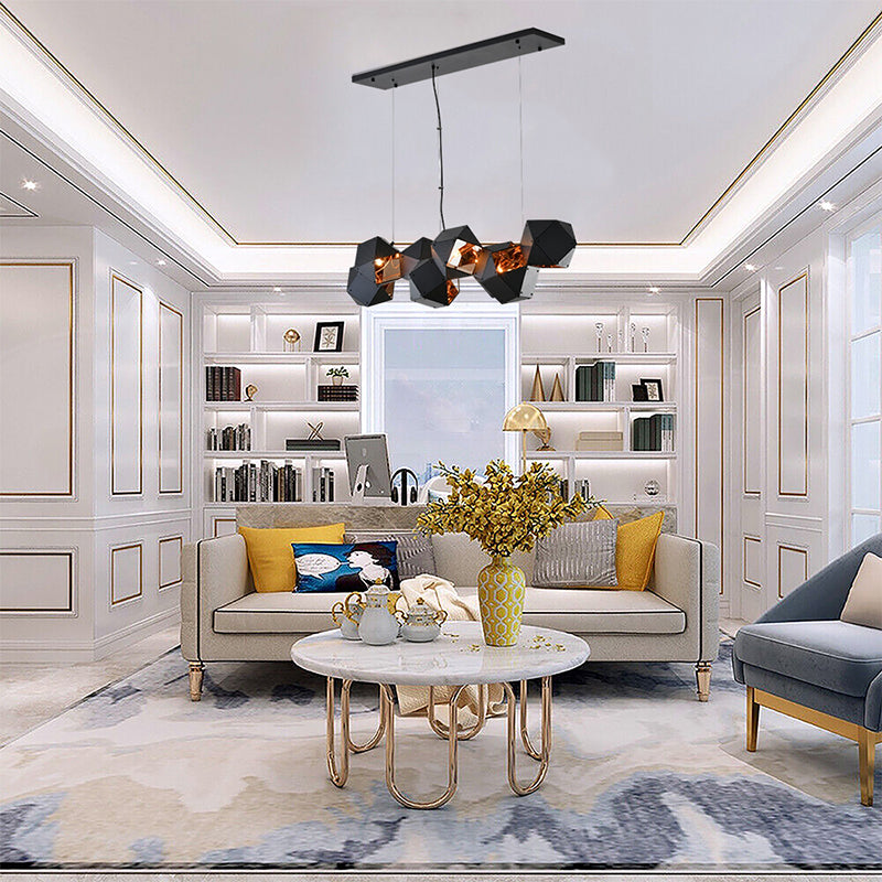Black Block Framed Chandelier With A Reflective Copper Interior