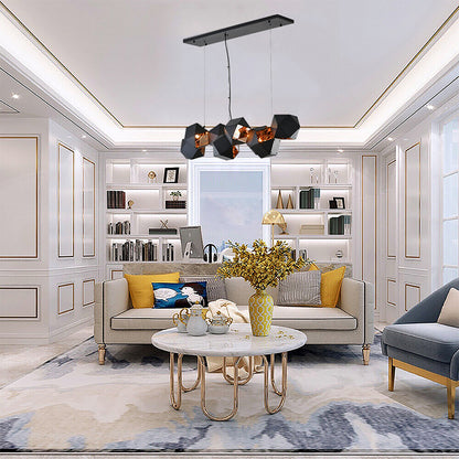 Black Block Framed Chandelier With A Reflective Copper Interior