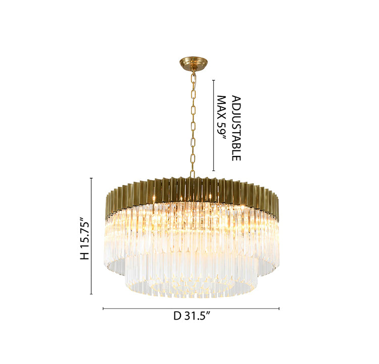Round Brass Chandelier With Clear Hanging Crystals