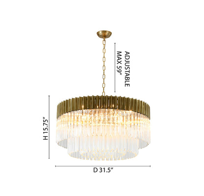 Round Brass Chandelier With Clear Hanging Crystals