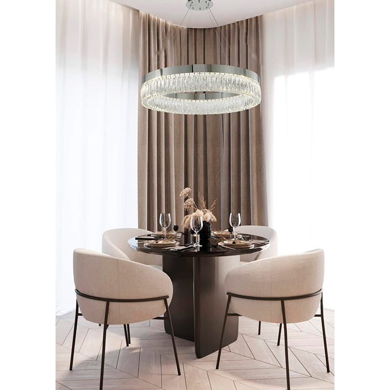 Round Chrome LED Chandelier With Clear Hanging Crystals